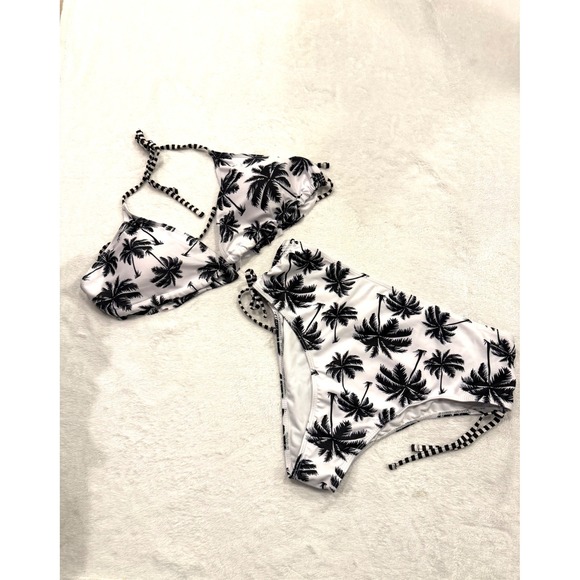 Amazon Other - Palm Tree Print High Waisted Bikini Set Black White‎ 3XL Triangle Halter 2 Piece